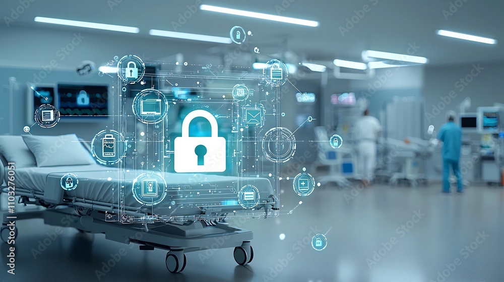 Poster digital glowing lock and security symbols near a hospital bed with light trails emphasizing the prot
