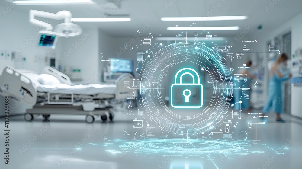 Poster glowing digital lock and security symbols near a hospital bed emphasizing the protection and safegua