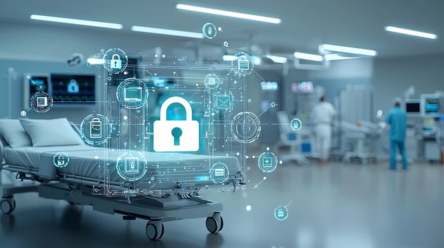 Digital glowing lock and security symbols near a hospital bed with light trails emphasizing the protection of sensitive healthcare data and cybersecurity in the medical industry