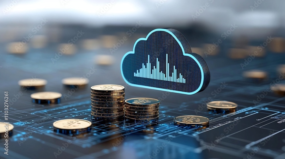 Poster Glowing Cloud Icon Resting on a Stack of Gold Coins Symbolizing the of Financial Planning and Cloud Computing with Futuristic Lighting Effects