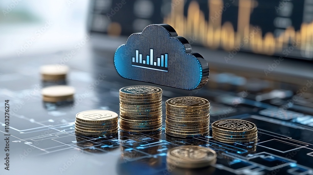 Poster Glowing cloud icon resting on a stack of gold coins with futuristic lighting effects symbolizing the of financial planning in cloud computing technology