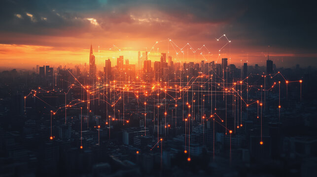 Smart digital city with connection cyber security network reciprocity over the cityscape . future smart wireless digital city and social media networking systems that connects people within the cit