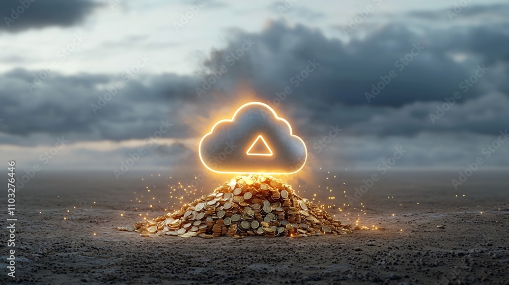Aufkleber Glowing cloud symbol emerging from a pile of golden coins surrounded by futuristic abstract light representing budget management and cloud based financial solutions for modern digital business