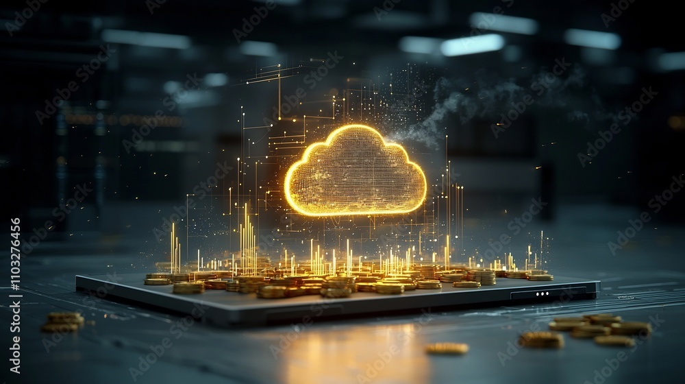 Poster glowing cloud symbol emerging from a pile of golden coins surrounded by futuristic abstract light