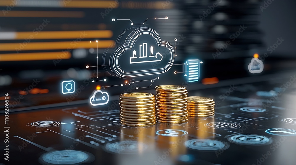 Poster glowing cloud icon illuminating a pile of gold coins surrounded by futuristic effects and symbolizin