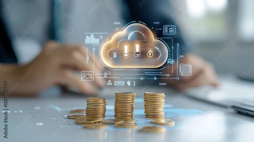Aufkleber Vibrant Glowing Cloud Symbol Hovering Over a Stack of Golden Coins with Abstract Light Effects Emphasizing Budgeting in Cloud Computing and Financial Management