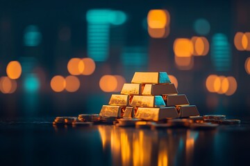 Shimmering Gold Investment Symbolism with Blurred Financial Background
