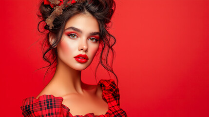 Naklejka premium beautiful Mediterranean female Santa Claus with vibrant red lips and radiant gold highlighter, dressed in a couture red Santa outfit with plaid details, isolated on a soft coral background for luxury 