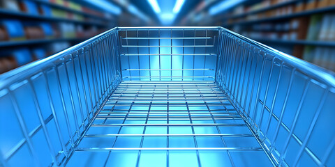 Fototapeta premium Empty Shopping Cart in Supermarket Aisle, A Blue-Toned Perspective of Consumerism and Retail
