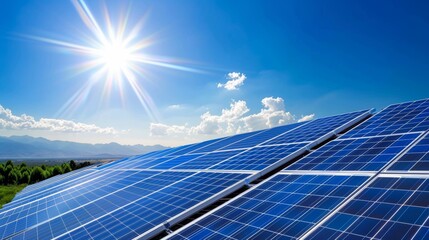 Solar panels are positioned to receive maximum sunlight under a bright blue sky in the background with distant mountains