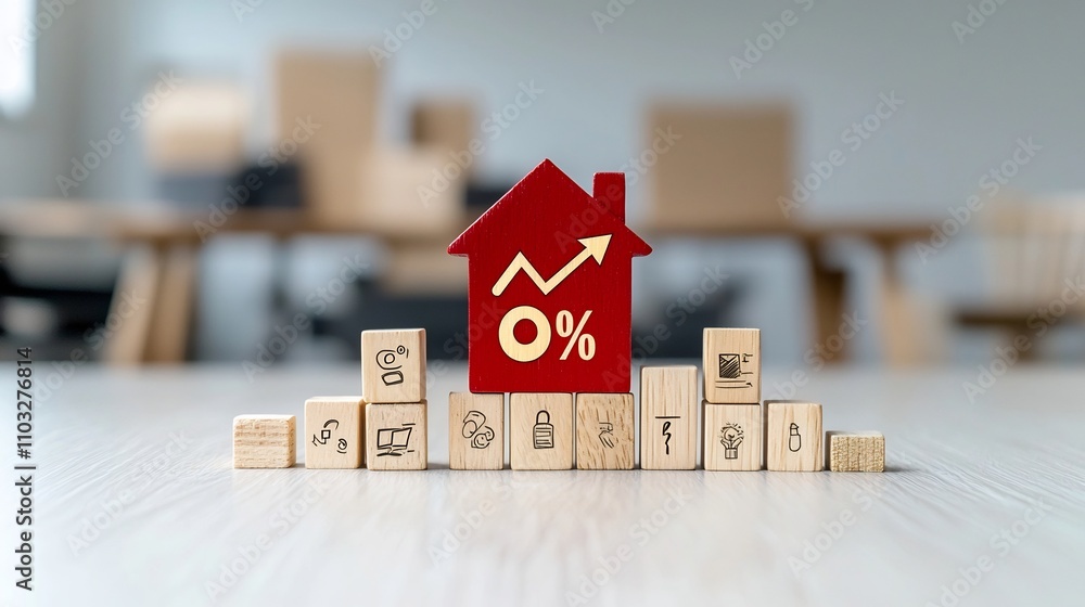 Aufkleber conceptual image of a red house model with a golden chart arrow rising upward and a percent icon sur