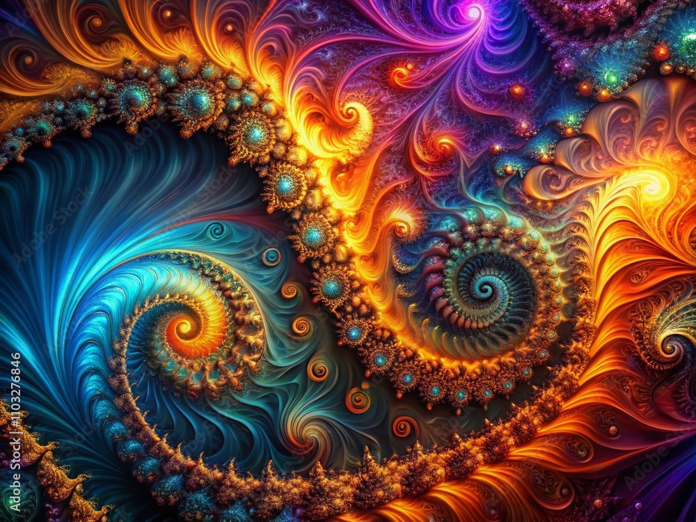 Poster Abstract Fractal Composition of Glowing Wavy Shapes with Colorful Swirls in Low Light Photography Creating a Mesmerizing Visual Experience for Digital Art Enthusiasts
