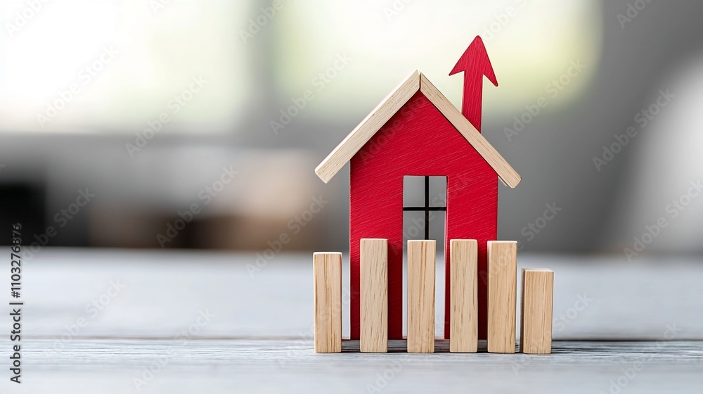Poster golden arrow pointing upward on a red house model with wooden bars highlighted by golden hour lighti