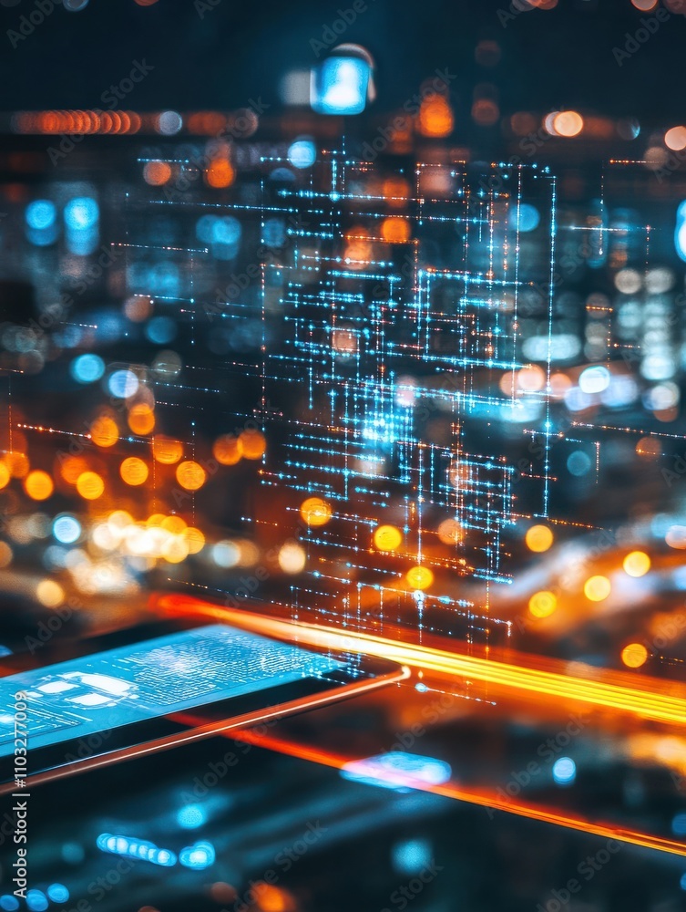 Poster close up of desktop with tablet and 5g network digital hologram and internet of things background. h