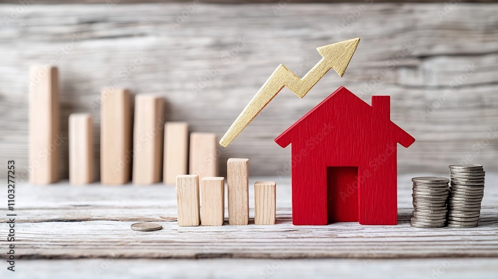 Poster of financial success and growth with a golden arrow representing prosperity rising above a red house