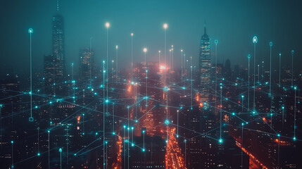 Fototapeta premium Smart digital city with connection cyber security network reciprocity over the cityscape . future smart wireless digital city and social media networking systems that connects people within the city