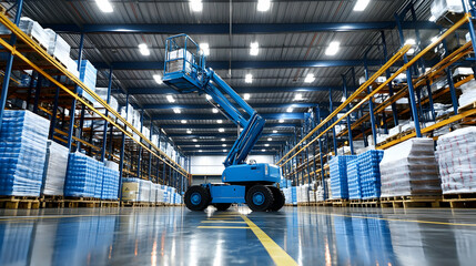 Warehouse Interior, Blue Articulated Boom Lift in a Modern Distribution Center, Storage and Logistics