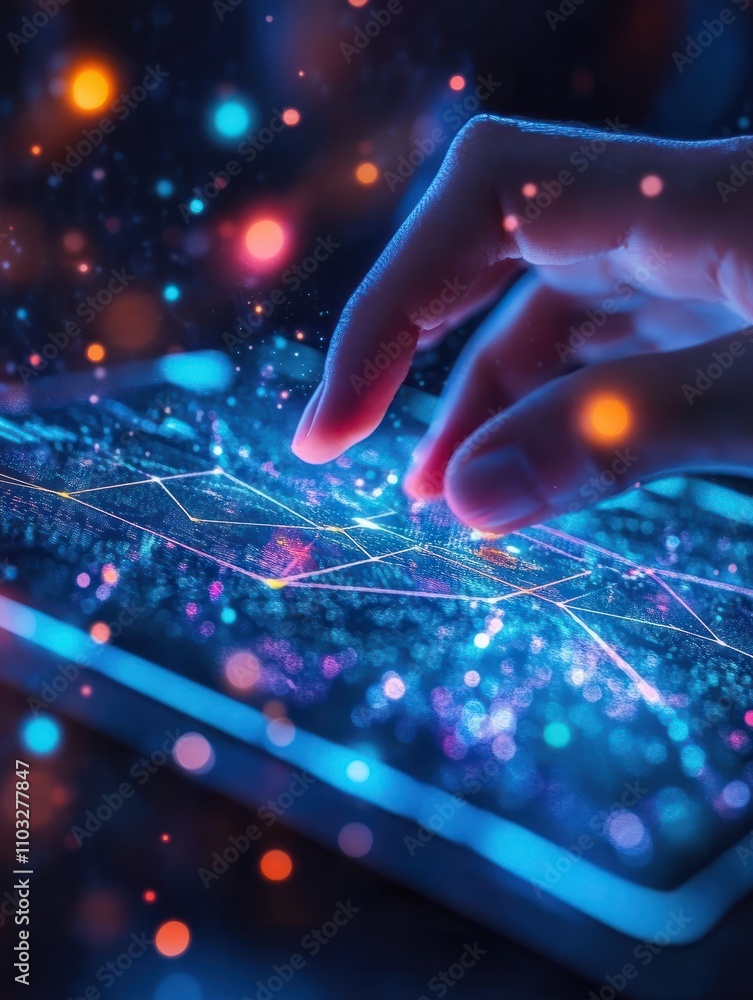 Poster close up of hands using digital pad with creative glowing blockchain hologram on blurry desktop back