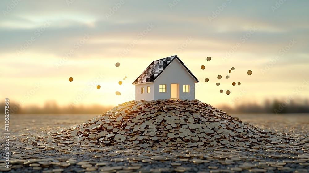 Poster miniature model house sitting on a heap of scattered coins surrounded by the soft glow of golden hou