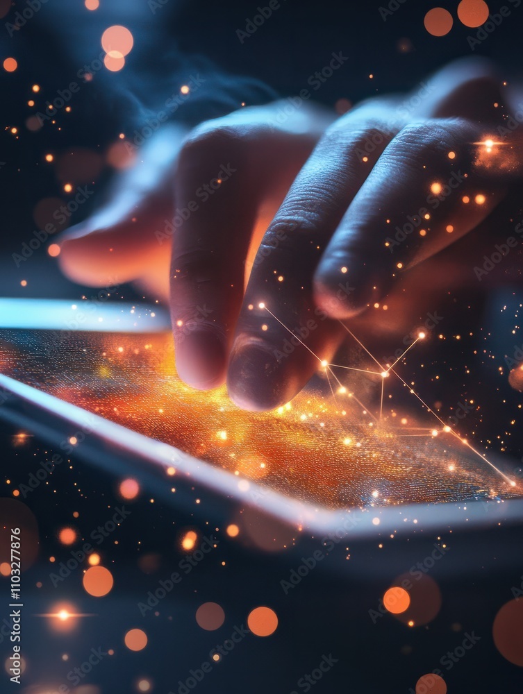 Poster close up of hands using digital pad with creative glowing blockchain hologram on blurry desktop back
