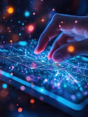 Close up of hands using digital pad with creative glowing blockchain hologram on blurry desktop background. Cryptocurrency and innovation concept. Double exposure