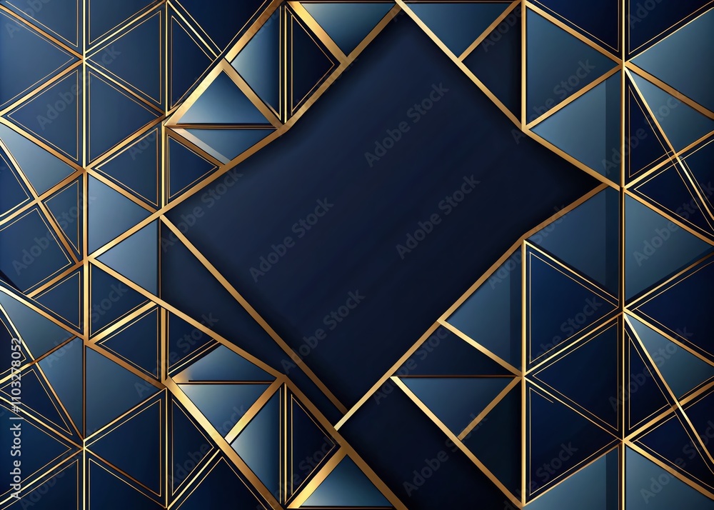 Poster abstract geometric pattern featuring dark blue triangles and gold lines with copy space for creative