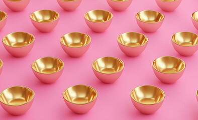 Golden bowls arranged neatly on a pink background