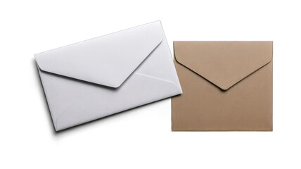 Two blank envelopes, one white, one kraft brown, angled on a transparent background