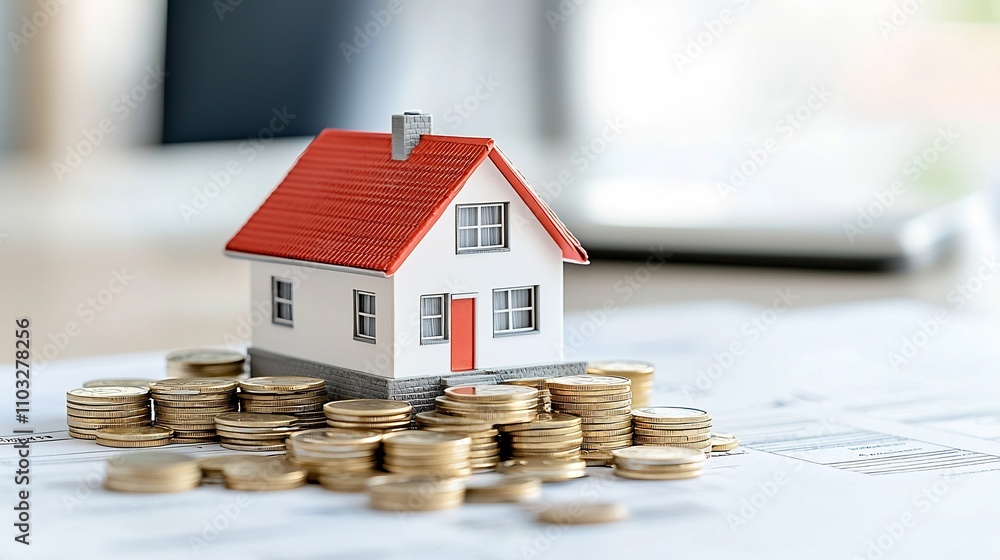 Poster a small red house model placed on a golden pile of coins with more coins gently falling around it hi