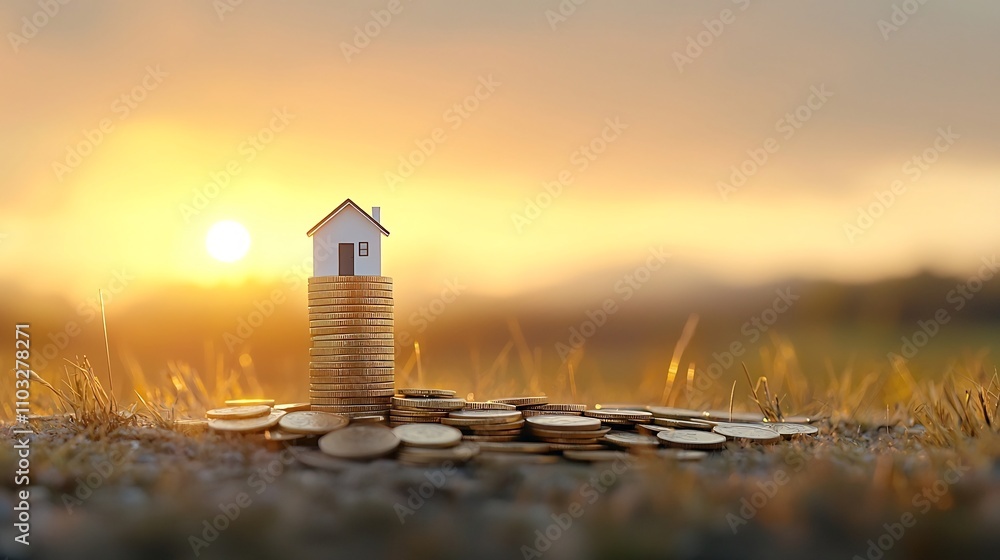 Aufkleber Conceptual image of a miniature tiny house model perfectly balanced atop a stack of coins with falling coins surrounding it and warm