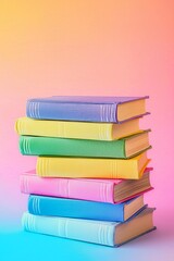 A stack of colorful books on a vibrant gradient pastel background. 