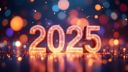 2025 new year celebration with colorful bokeh lights and sparkling background
