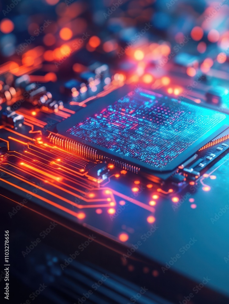 Poster close up of notebook with abstract glowing ai chip on blurry background. artificial intelligence and
