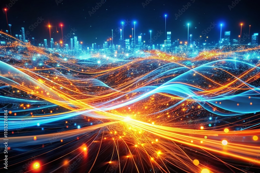 Poster abstract glowing blue and orange digital data flow - a panoramic view of dynamic energy representing
