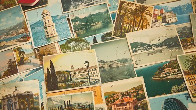 A pile of vintage postcards showing scenic coastal views.