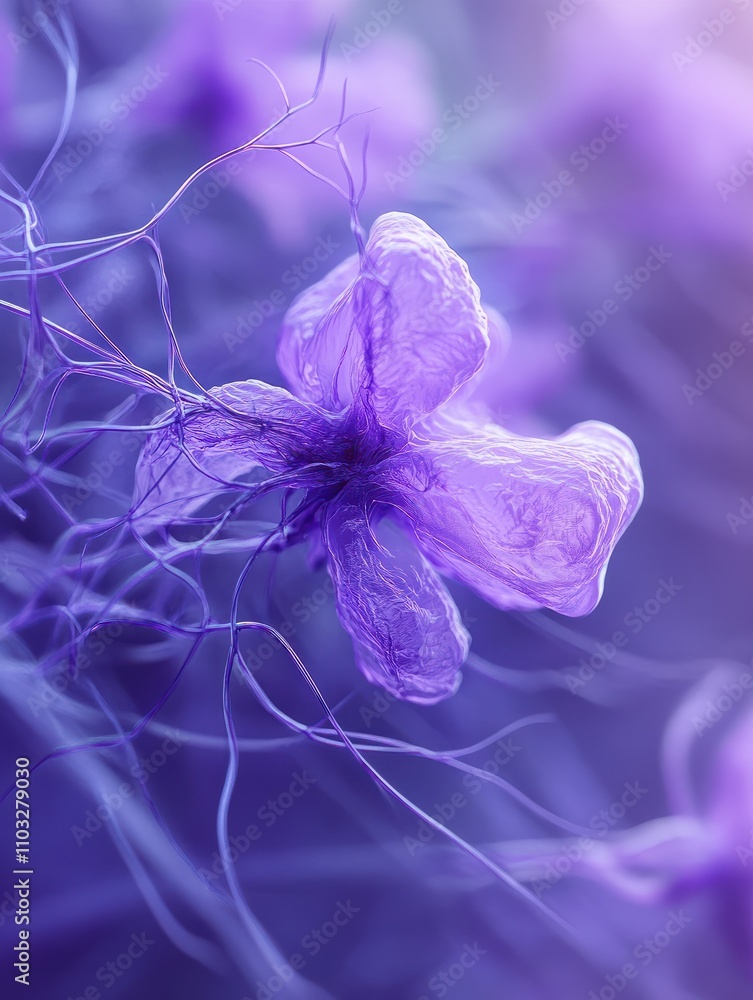 Poster Close up of violet neurone. Science concept. 3D Rendering