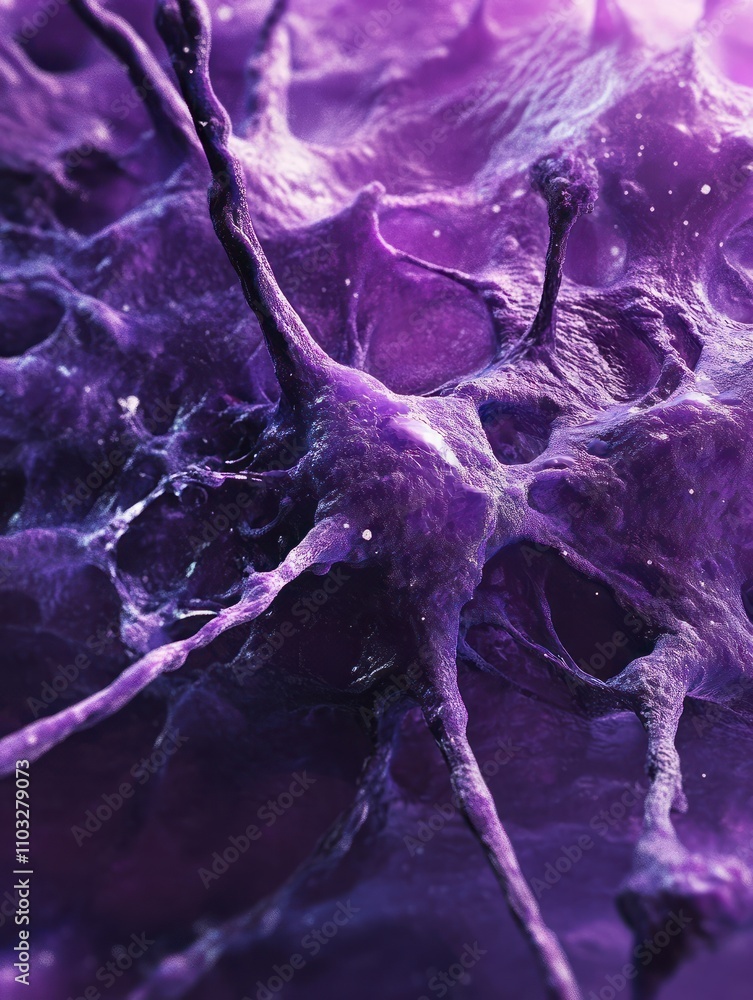 Poster Close up of violet neurone. Science concept. 3D Rendering