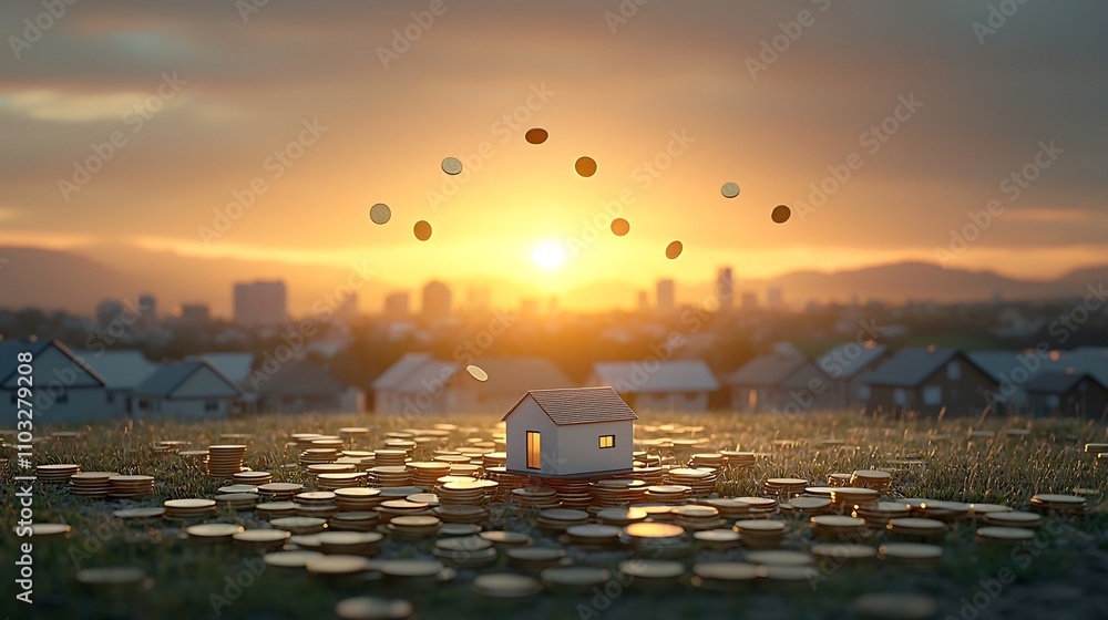 Aufkleber a conceptual image of real estate featuring a small model house on a coin stack with coins falling d