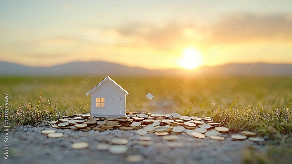 Poster pile of golden coins with a small house model on top coins gently falling around the model in warm g