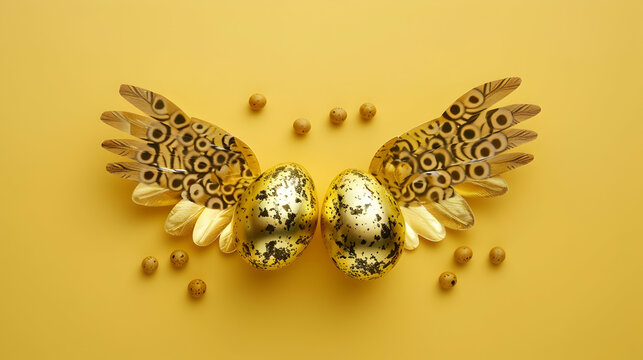Quail eggs laid in the shape of an egg with golden wings like chicken on yellow background.