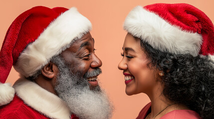 Obraz premium Joyful scene featuring an African American Santa Claus and a female Asian Santa Claus, both in fluffy Santa hats, sharing laughter against a light peach background for festive holiday decorations 