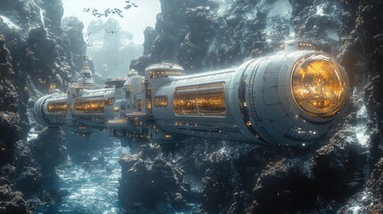 Undersea exploration hub featuring futuristic technology, supporting sustainable research and deep-sea discoveries in a unique marine environment