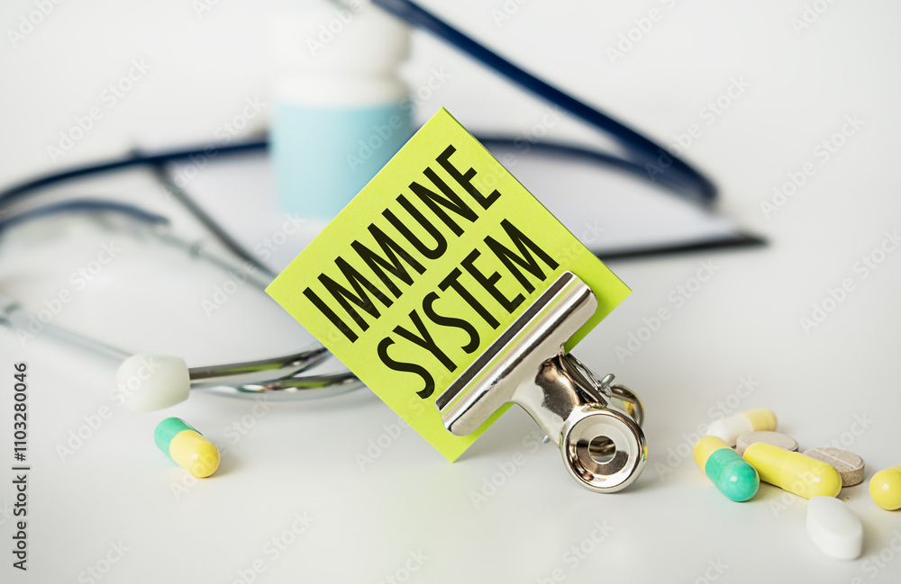 Fototapete paper with text immune system on white background with stethoscope and pills