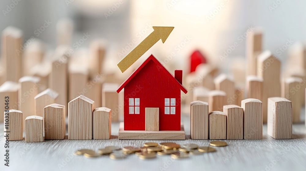 Poster stylized 3d render of a red house model surrounded by wooden bars and a rising golden arrow set agai
