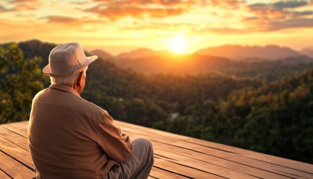 Peaceful Sunset Elderly Man Finds Joy in Outdoor Relaxation with Supportive Caregiver Tranquil Nature Scene, Scenic Vista, Golden Hour, Serene Atmosphere, Elderly Care, Outdoor Activities for