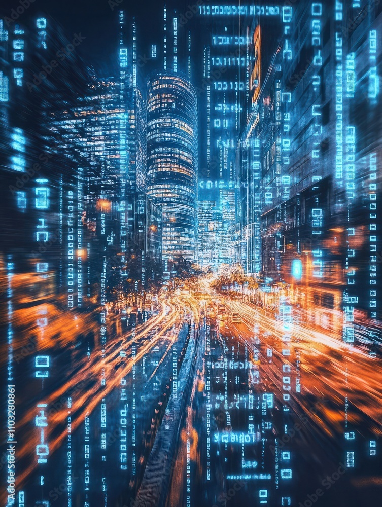 Poster creative binary code city backdrop. digital transformation concept. double exposure