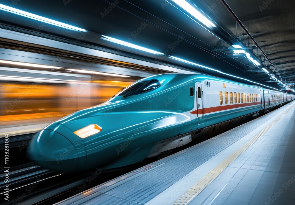 Poster dynamic shot of a high-speed train in motion captured in a modern station with vibrant lights and st