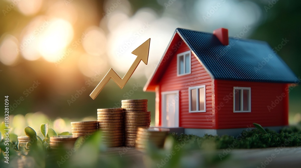 Aufkleber golden arrow chart soaring above a red house model with warm wooden bars highlighting the concept of
