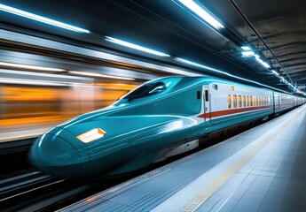 Dynamic Shot of a High-Speed Train in Motion Captured in a Modern Station with Vibrant Lights and Streamlined Design