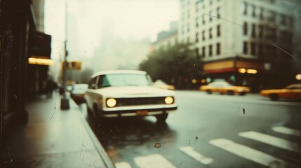 Vintage Street Scene in NYC with Classic Car Framed at Corner, Capturing the Ambiance of Urban Life in Rainy Weather